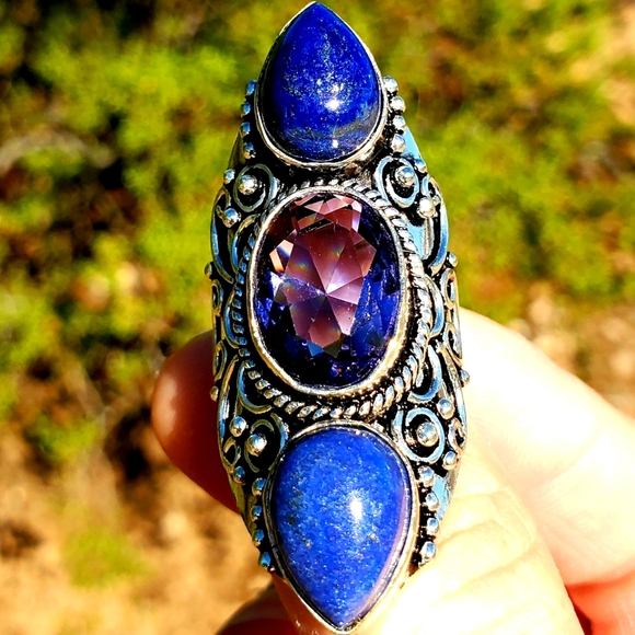 New Amethyst and Lapis Lazuli 925 Silver Statement Ring. - Picture 10 of 16